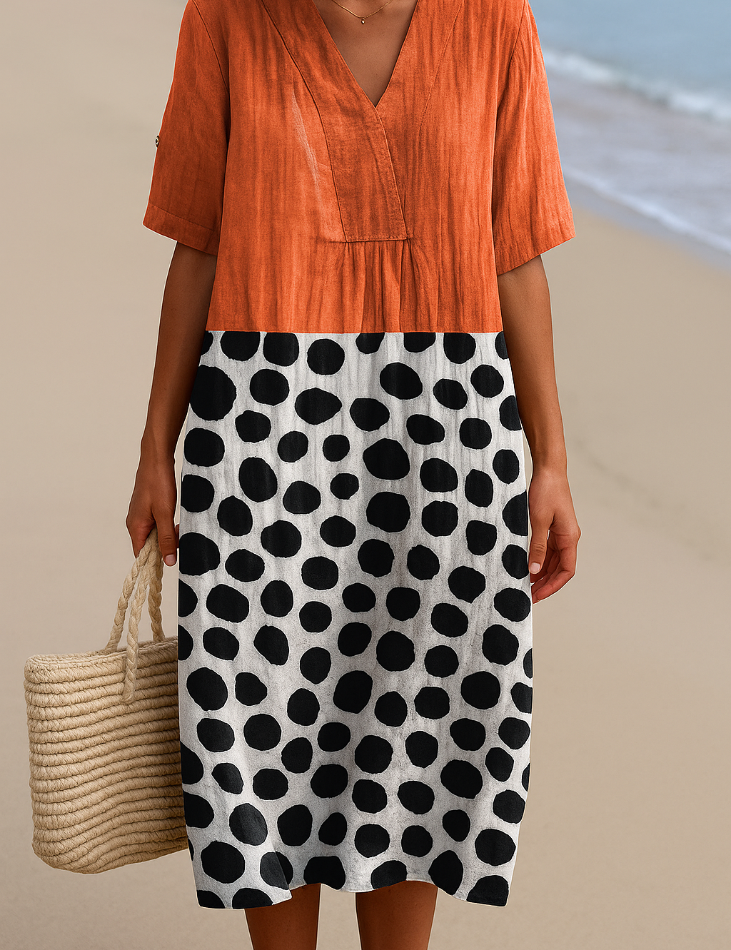 Mercedes - Vestido Naranja con Puntos Contrastantes
