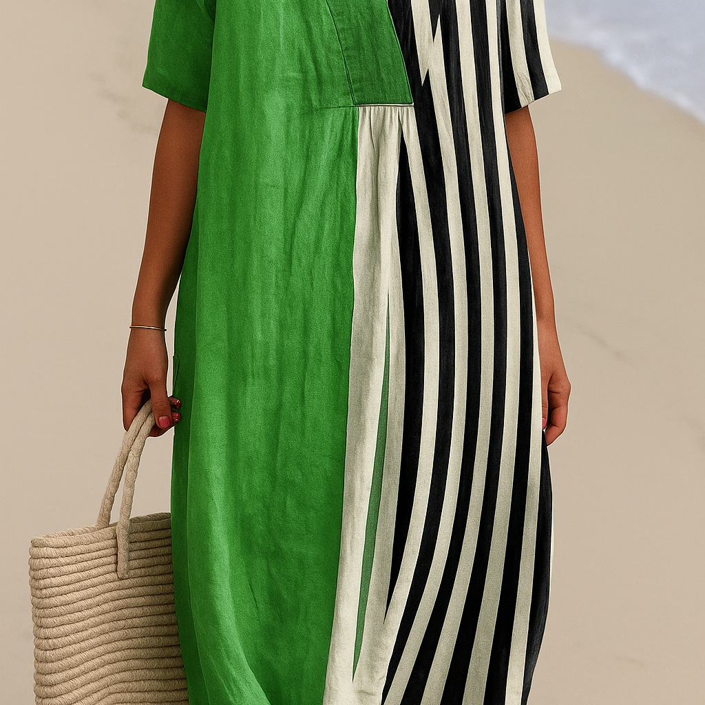 Maribel - Vestido Verde Vibrante con Rayas Negras