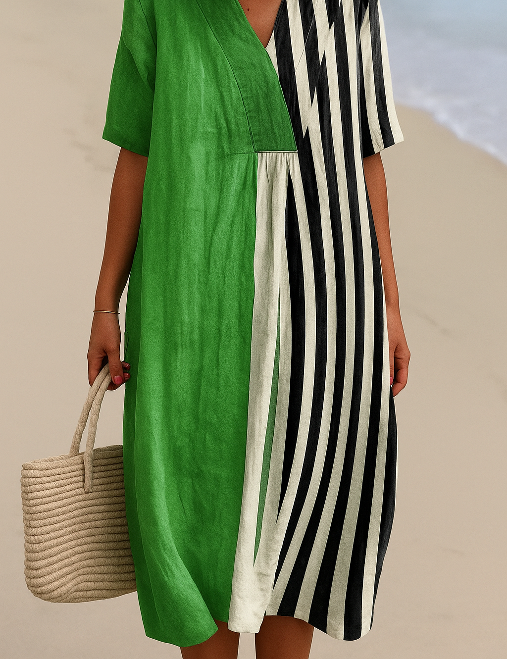 Maribel - Vestido Verde Vibrante con Rayas Negras