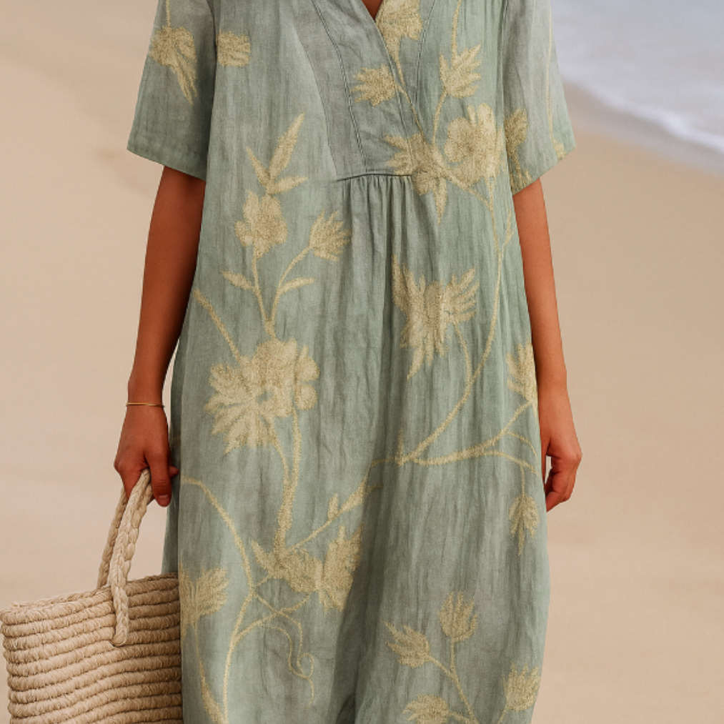 Cristina - Vestido Azul-Gris con Bordado Floral