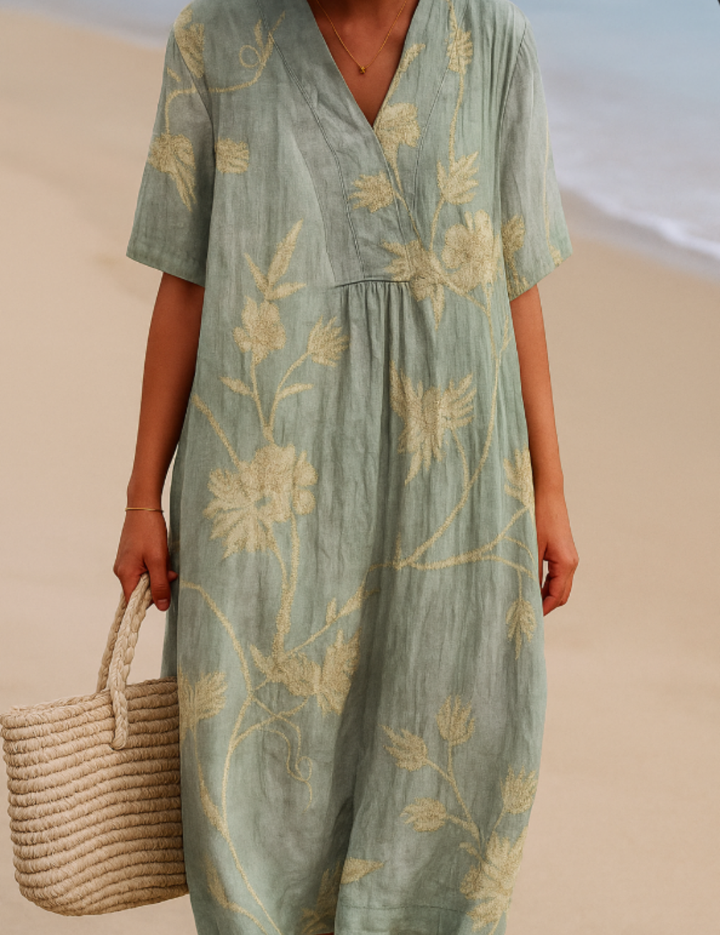 Cristina - Vestido Azul-Gris con Bordado Floral