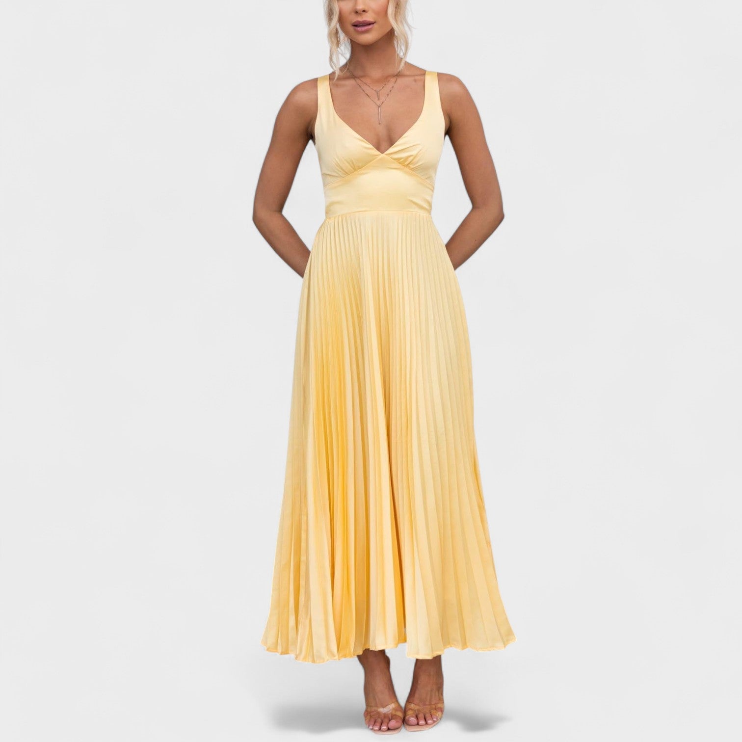 Zara - Vestido maxi amarillo plisado