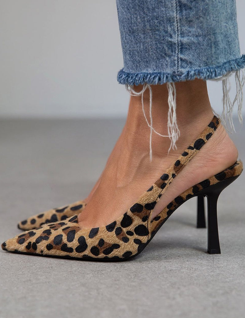Bruna - Zapatos de tacón color caqui con estampado de leopardo y punta afilada