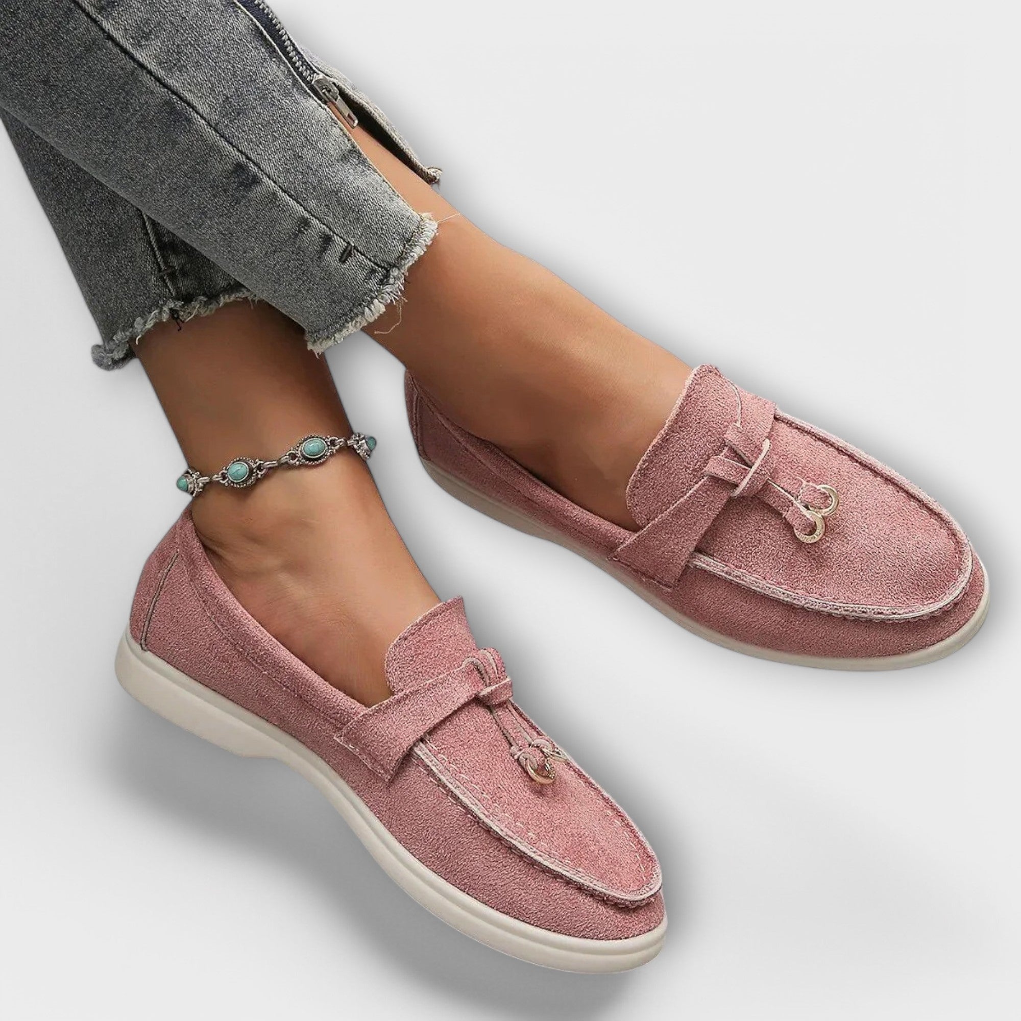 Alicia - Mocasines Femeninos Beiges con Cordón Decorativo