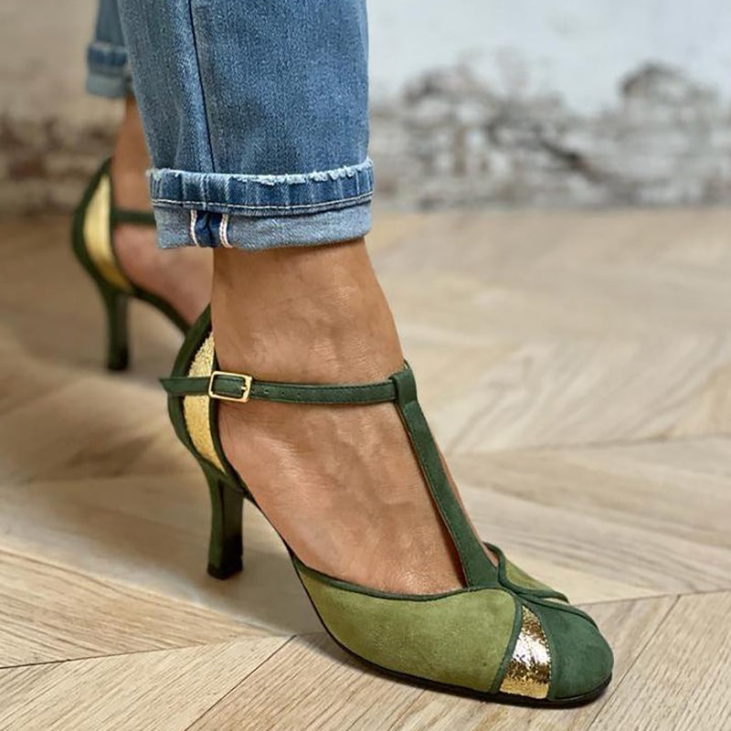 Taviana - Zapatos de tacón en patchwork con tira en T y puntera cerrada