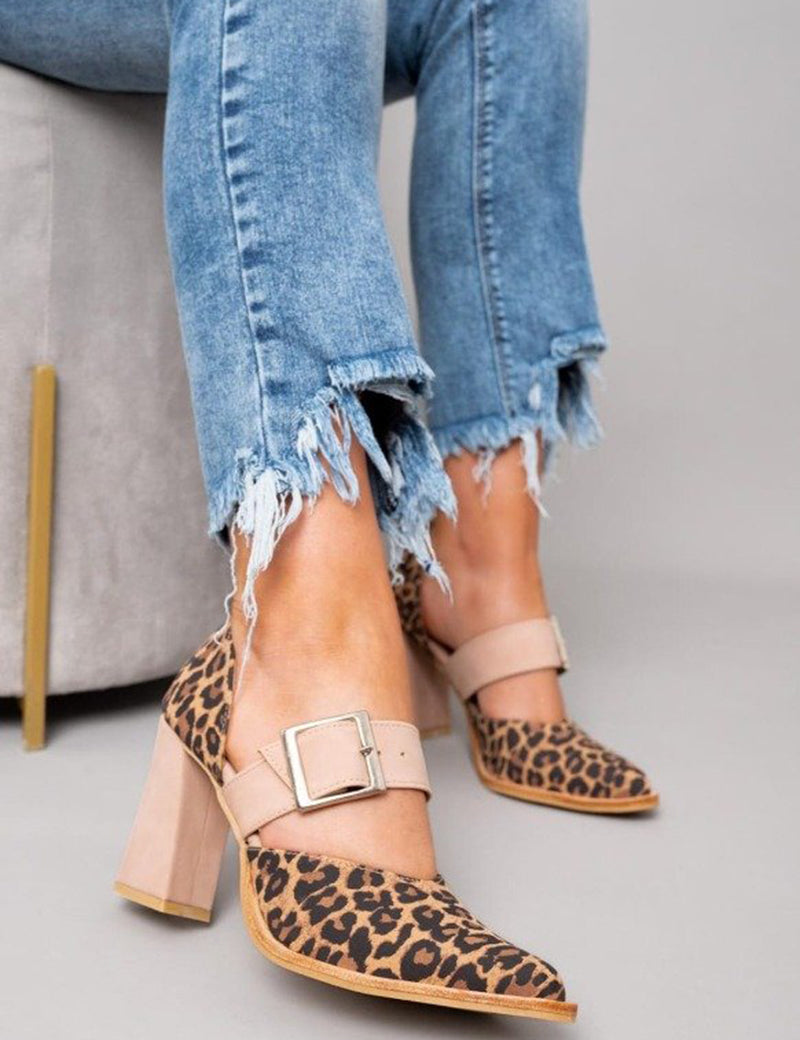 Selveta - Sandalias de ante con patrón de leopardo y tacón estable
