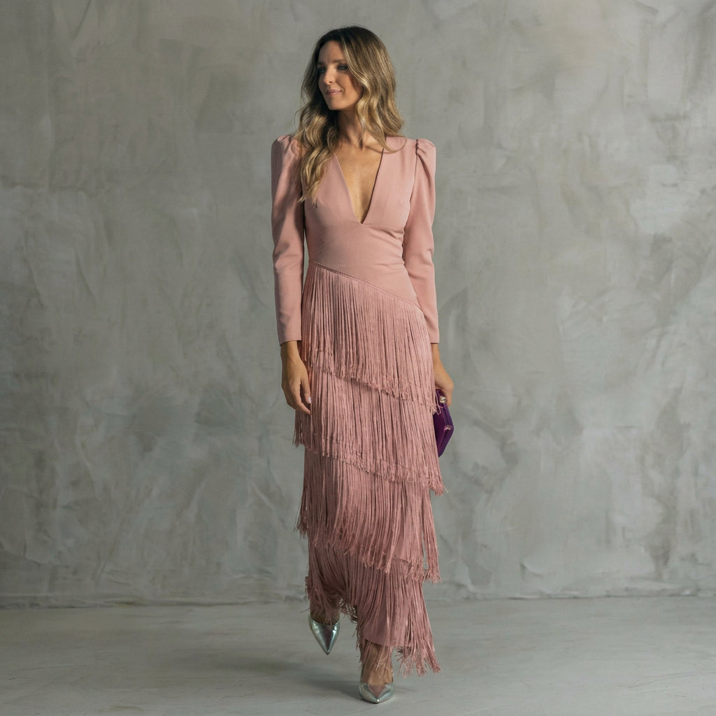 Ana - Vestido Largo de Flecos con Escote en V