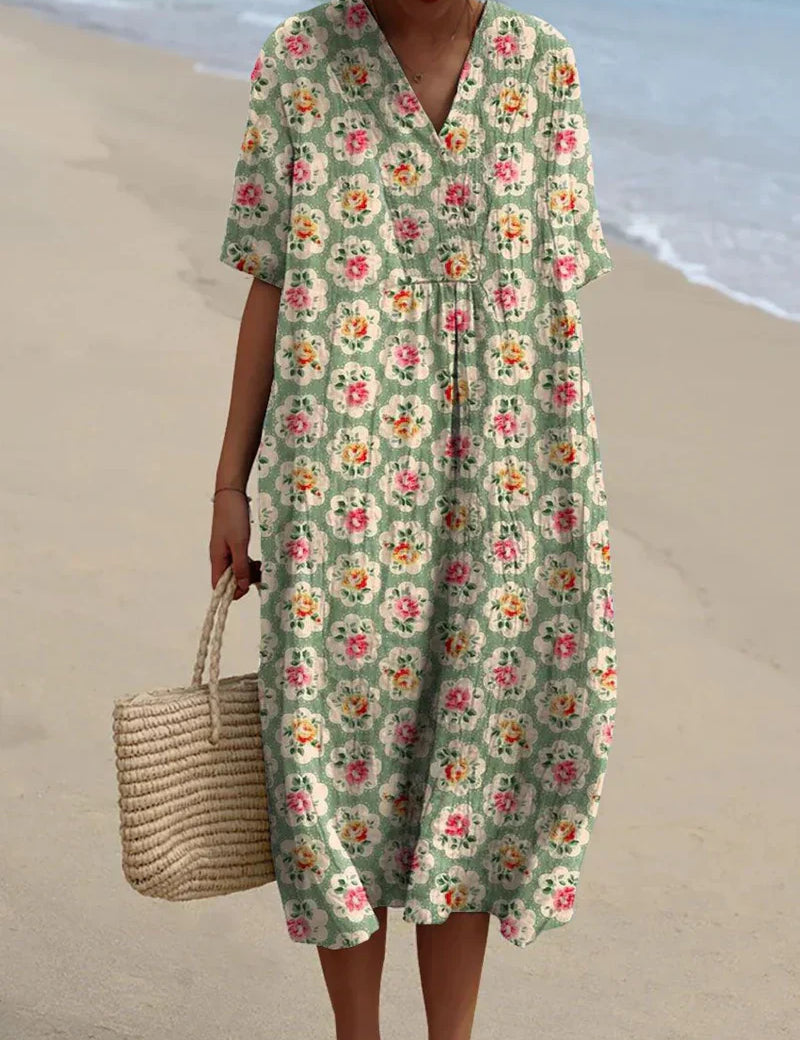 Francisca - Vestido Floral Retro en Verde Agua